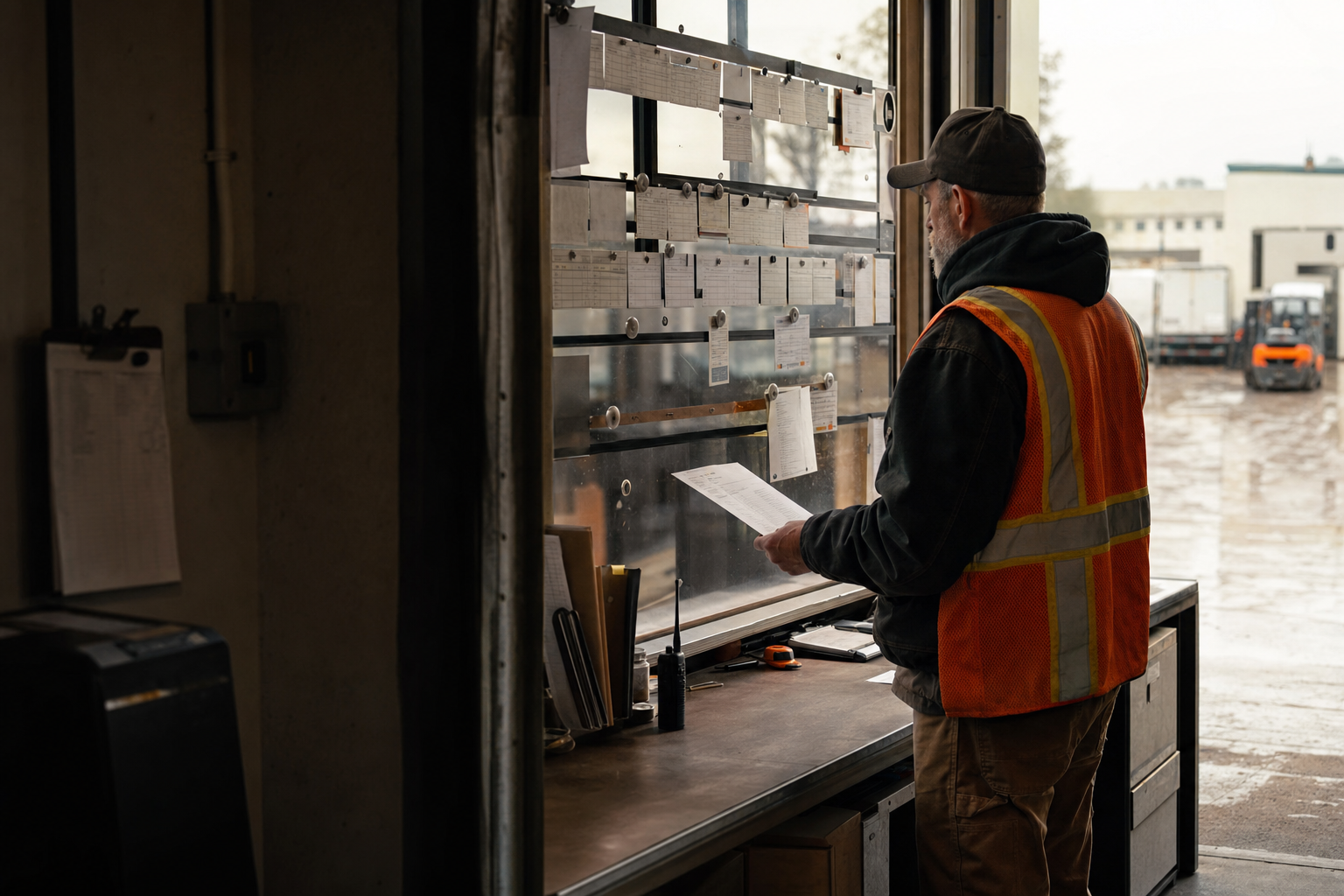 An operations supervisor reviewing a dispatch board inside a distribution facility.