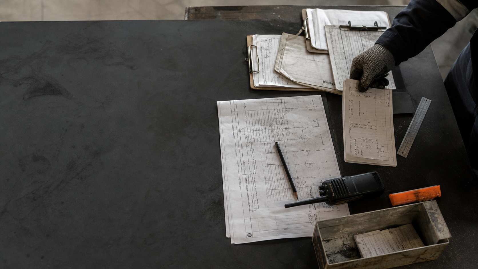 Work orders and plans being organized on an operations table.